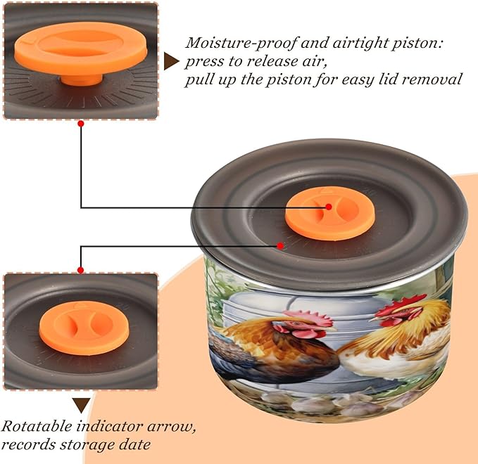 YETTASBIN Rooster Airtight Food Storage Containers 500ml/19oz, Stainless Steel Coffee Canisters with Vacuum-Lock Lid for Kitchen Organization, Coffee Bean, Tea, Sugar, Flour