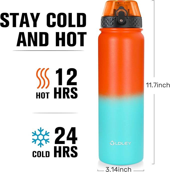 Oldley Insulated Water Bottle 32oz Water Bottles with Straw, Stainless Steel Water Bottle with 3 Lids, Double Wall Vacuum Bottels for Adults School Kids,Leak-Proof Sport Bottles, Ombre Orange-green
