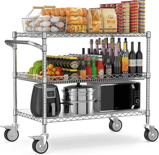 Leteuke Heavy Duty Rolling Utility Cart, 45 Inch Kitchen Carts with Wheels, NSF Commercial Grade with Handle & Shelf Liners, 1120LBS Storage Cart for Kitchen,Restaurant,Plant Display-Chrome