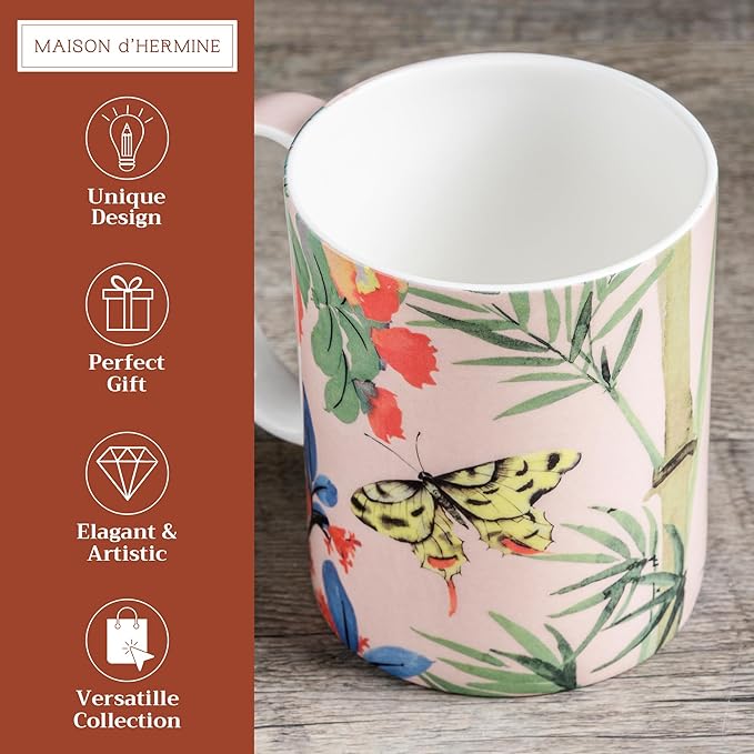 Maison d' Hermine Coffee Mug with Handles Fine Bone China Mugs Pack of One Tea Cups for Hot Beverages Cappuccino Latte Home Restaurant Office Perfect for Gift (Canne - Fargesia, 12 Ounce)