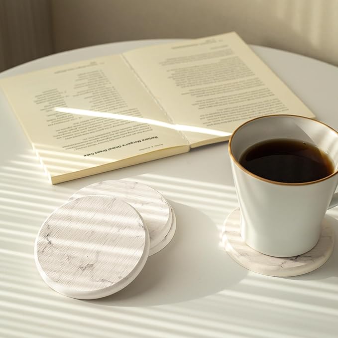 Stone Coasters for Drinks, Set of 4 (Dia. 4 in), Quick Absorbent Diatomaceous Earth Coaster with Aesthetic Marble Pattern, Desk & Coffee Table Decor, House Warming Gifts New Home - White