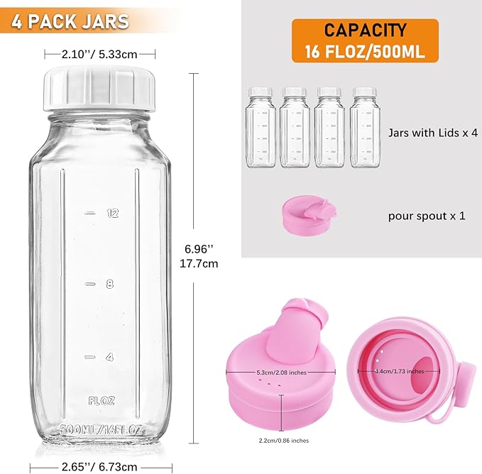4 Pack 16 Oz Square Glass Milk Bottle with A Silicone Dispenser Cap, Glass Juice Bottles with Airtight Screw Lid, Reusable Drinking Bottles with Capacity Marks, Breastmilk Storage Container
