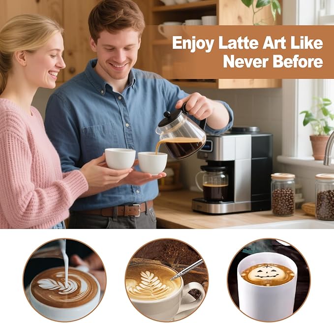 Espresso Tamper Set with Milk Pitcher, Coffee Art Pen, Stirring Spoon, Tamper Mat & 16 Stencils - Barista Tools Kit for Latte Art & Espresso Making (7 SET)