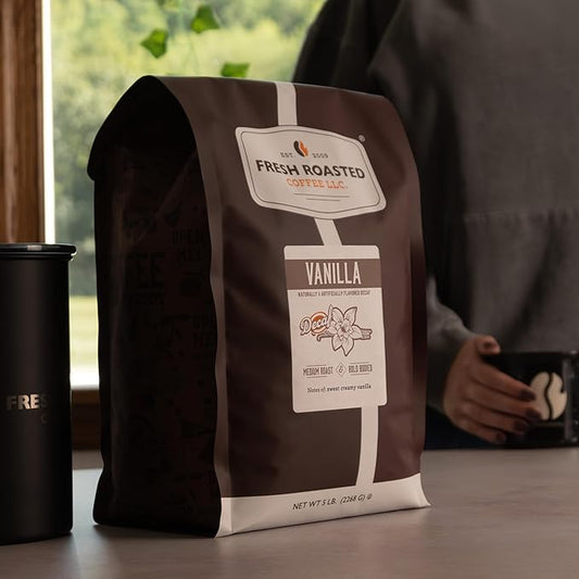 Fresh Roasted Coffee, Decaf French Vanilla Flavored Coffee, 5 lb (80 oz), Medium Roast, Kosher, Whole Bean