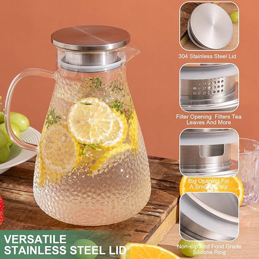 2.0 Liter 68 oz Glass Pitcher with Lid and Spout, Glass Carafe for Hot/Cold Water, Large Iced Tea Pitcher for Coffee, Milk,Juice and Homemade Beverage,Iced Coffee, and Container for Drinks