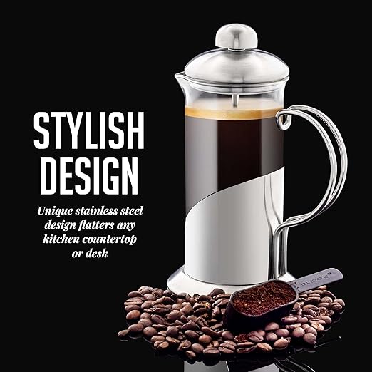 OVENTE French Press Coffee Maker 12 Ounce, 4 Level Stainless Steel Filter System & Heat Resistant Borosilicate Glass, Scoop included, Silver FSL12S