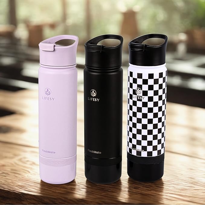 Coffee & Cold Brew Travel Bottle – 18oz Insulated Flask with French Press-Style Brewing, Hidden Storage & Dual Lids – For Hot & Cold Drinks – FLASKMATE All-in-One System (Midnight Black)
