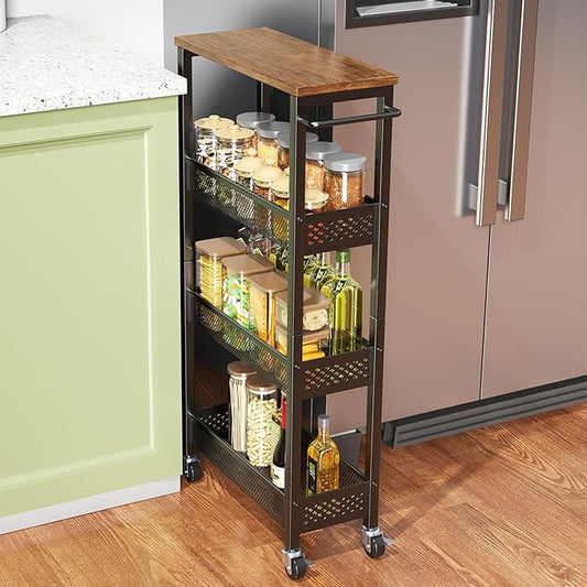 Slim Storage Cart 4 Tier Narrow Kitchen Rolling Cart on Wheels for Small Space, Mobile Utility Cart Shelving Unit with Wooden Top and Metal Handle for Kitchen, Bathroom, Laundry Room