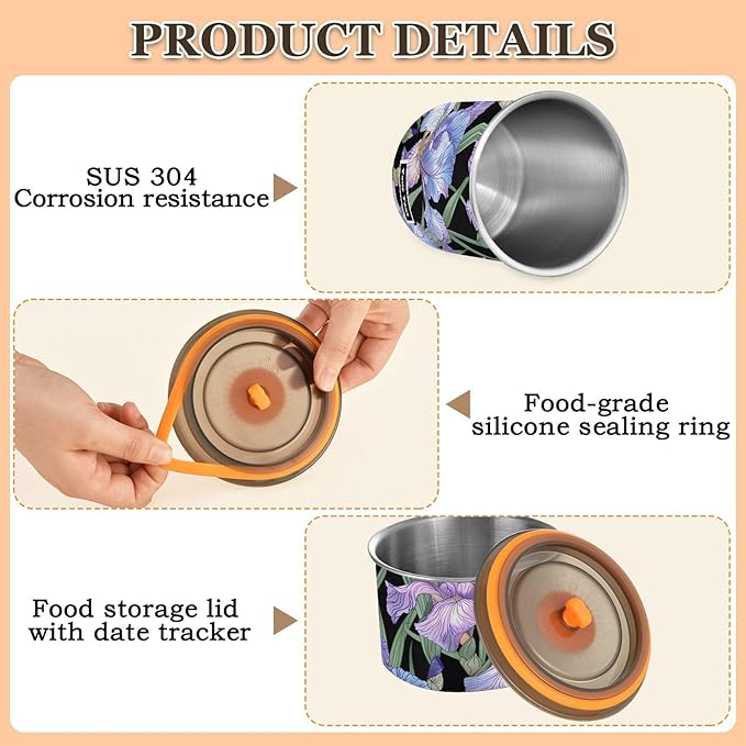 ALAZA Purple Iris Flowers Floral Airtight Coffee Bean Canister Customed 500ml Food Storage Containers with Lids For Gournd, Tea, Sugar, Flour, Rice, Cereal, Candy Cookie Jar