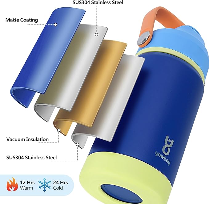Kids Insulated Water Bottle with Straw Lid & Silicone Handle,12oz Kids Leak Proof Water Bottle for School Boys Girls,Double Wall Vacuum Stainless Steel with Non-slip Silicone Base(Dark Blue)
