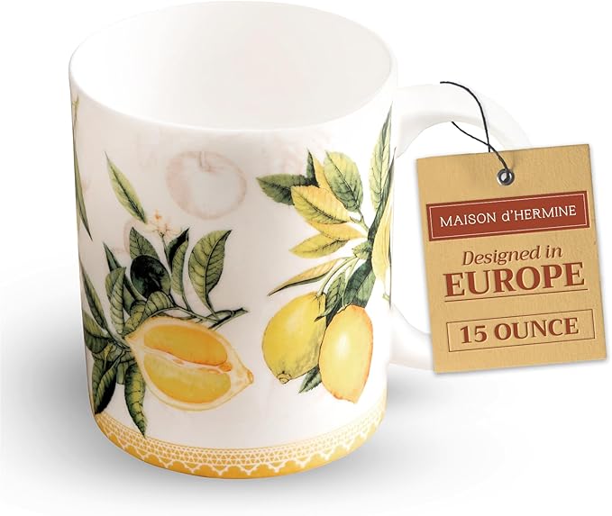 Maison d' Hermine Coffee Mug with Handles Fine Bone China Mugs Pack of One Tea Cups for Hot Beverages Cappuccino Latte Home Restaurant Office Perfect for Gift (Limoncello - Verna, 15 Ounce)