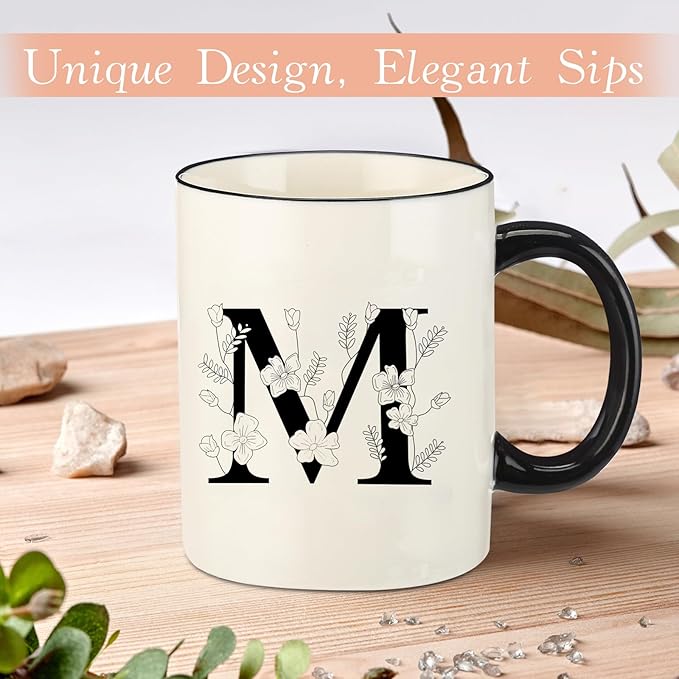 Monogram Ceramic Coffee Mugs, 11 oz Initial Drinking Cup with Gift Box, Unique Birthday Valentines Day Gifts for Women Wife Mothers Day Grandma Mom Aunt, M