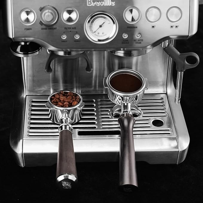 54mm Espresso Bottomless Portafilter with 3 Ear | Fits 54mm Breville/Sage Barista Espresso Machine | Stainless Steel Basket and Solid Wood Handle | Espresso Accessories