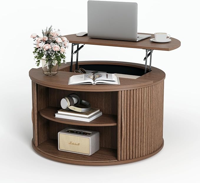 31.5" Round Lift Top Coffee Table, Mid Century Modern Walnut Center Table with Hidden Storage, Fluted Drum Wood Design for Small Living Room & Apartment