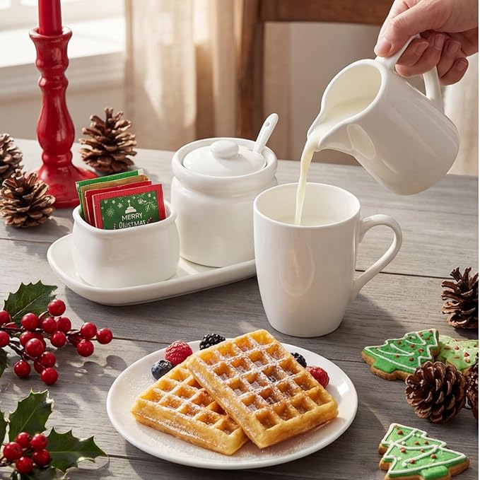 ZENFUN Set of 4 Porcelain Creamer and Sugar Set with Saucer, Sugar Bowl with Lid and Spoon, Cream Pitcher, Sweetener Holder, Coffee Serving Set for Kitchen Home Cafe Christmas Party, Restaurant