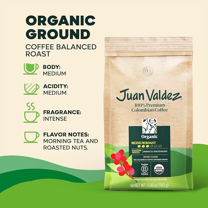 Juan Valdez Organic Ground Coffee - Balanced Roast | 100% Colombian Arabica Beans | 100% Colombian Coffee | Certified USDA Organic | Notes of Moringa Tea & Roasted Nuts | 10 oz / 283 gr