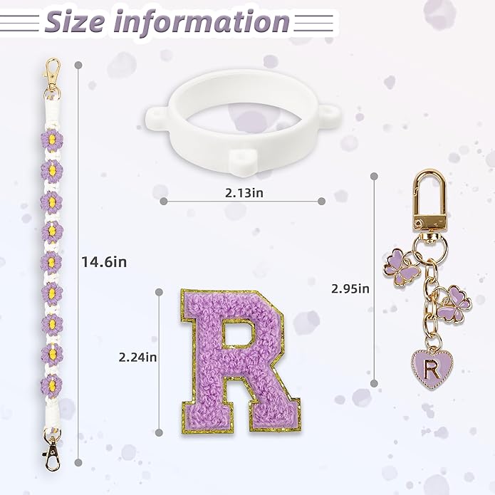 Compatible with Owala Water Bottle Accessories, Cute Letter Charm Set with Boho Handle Strap, Monogram Sticker, Silicone Ring, Keychain Decoration, for FreeSip 24 32 40oz, Owala Kids, Tumbler Gift