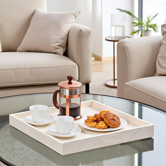 20 * 20 inches Luxury Leather Square Oversized Service Tray, Ottoman & Coffee Tray for Family Dinner, Out-of-House Picnic & Party (Beige)