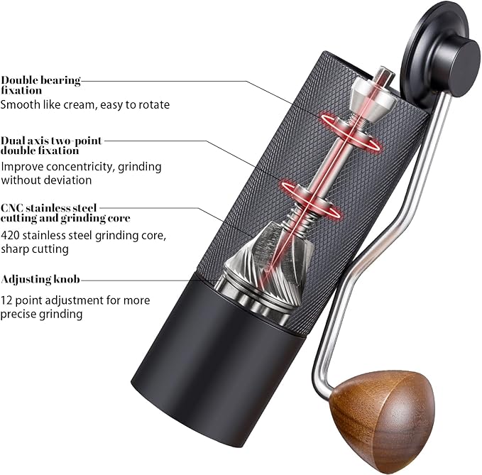 Manual Coffee Grinder Capacity 25 Grams, Stainless Steel Burrs - Wooden Handle, Burr Coffee Grinder for Home, Office, Camping, Hiking (Grey)