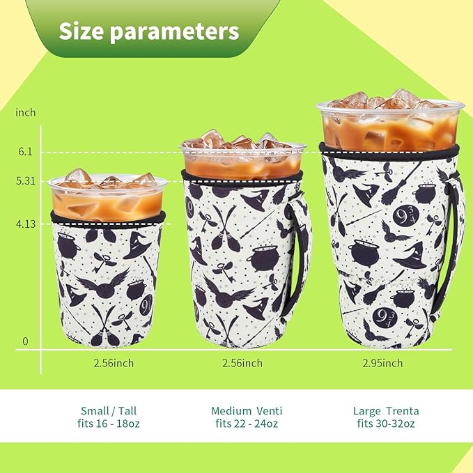 3 Pack Iced Coffee sleeve Insulated Neoprene Cup Sleeves with handle For Cold Drinks Beverages, Reusable Cup Holder for 16oz-32oz Coffee Cups (Wizard's Trip)