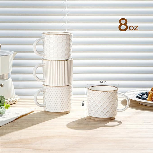 GBhome 8OZ Stackable Coffee Mugs, Ceramic Coffee Mugs with Texture Patterns for Man,Woman,Dad,Mom, Modern Coffee Cups Set of 4 for Espresso/Cappuccino. Dishwasher&Microwave Safe