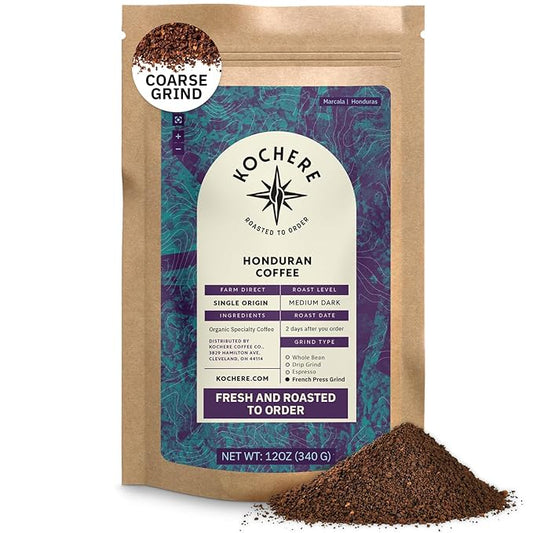 Organic Honduran Ground Coffee Medium Dark Roast - 12oz, Single Origin Arabica Coffee Beans, Fair Trade Specialty Coffee from Marcala, Hints of Caramel & Spice, Freshly Roasted To Order By Kochere