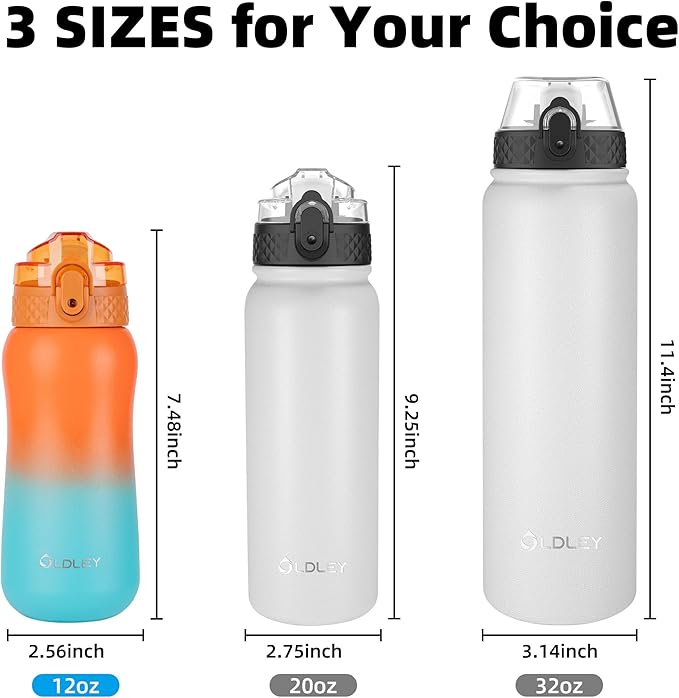 OLDLEY Insulated Kids Water Bottle 12oz, Stainless Steel, Double Wall, Leak-Proof, School Travel, Ombre Orange-Green