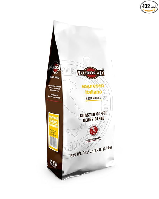 Eurocaf Espresso Italiano, Blended Whole Bean Coffee, Medium Roast, 2.2 Ib bag, Original Italian Coffee (Pack of 1)
