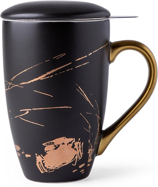 AmorArc Ceramic Tea Cup with Infuser and Lid, 17 Oz, Ceramic Cup with Handle for Steeping Loose Leaf Teas, Steeping Tea Mug with Strainer, Black