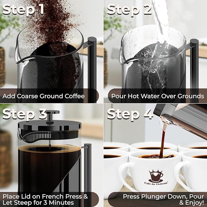 Cafe Du Chateau Stainless Steel French Press Coffee Maker 34 oz - Easy to Use Insulated Coffee Press with 4-Level Filtration, Manual Brewer for Tea, Camping & Travel with BPA Free, Durable Clear Glass