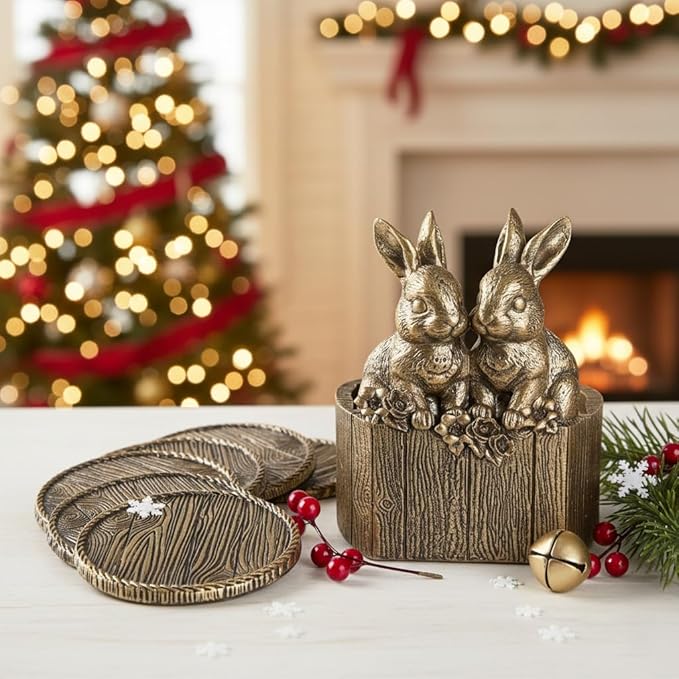 Cabin Coasters Set 6 Full Size Non-Slip Bar Coasters, Indoor Christmas Decorations, Man Cave Gifts for Men, Rustic Handmade Decor for The Home (Rabbit)