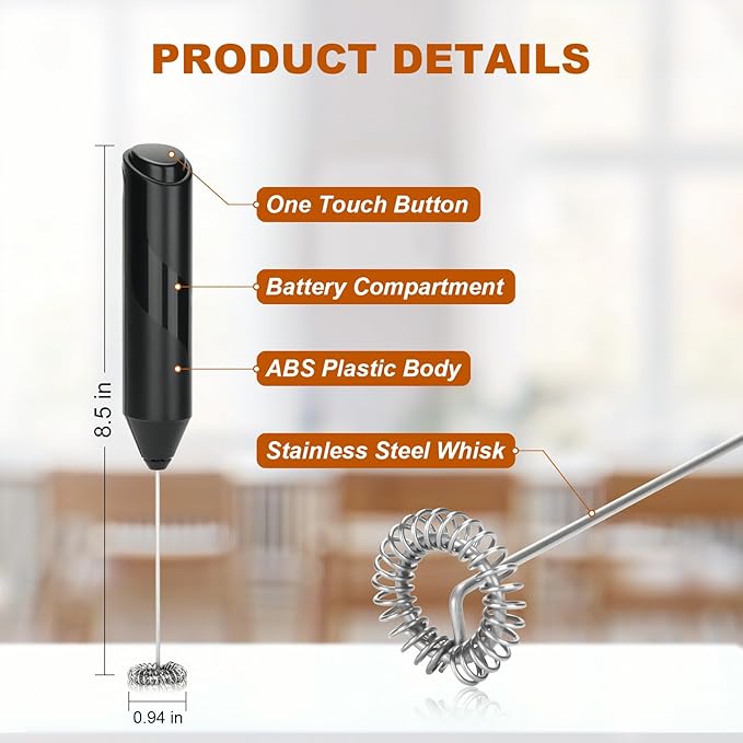 Handheld Milk Frother, Battery Operated Electric Foam Maker, Milk Frother Wand Drink Mixer with Stainless Steel Whisk for Coffee, Matcha, Lattes, Cappuccino (Black)
