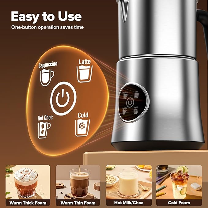 Milk Frother and Steamer, 4-in-1 Electric Frother for Hot & Cold Foam, One-Touch Operation for Cafe-Style Lattes & Cappuccinos, Fast Heat, Dishwasher Safe, 30.44Oz/900ML