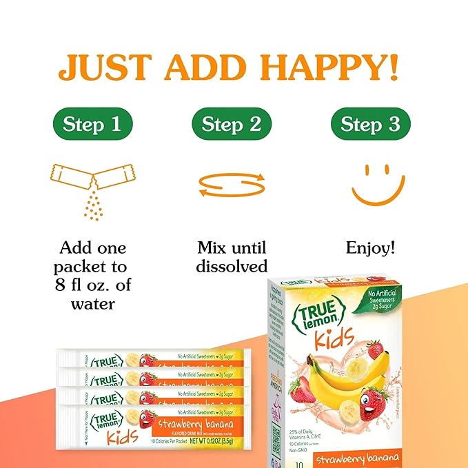 TRUE LEMON KIDS Strawberry Banana (10 Packets) – Hydration for Kids – No Artificial Sweeteners – Low Sugar Water Flavoring – Drink Mix for Kids – Powdered Drink Mix
