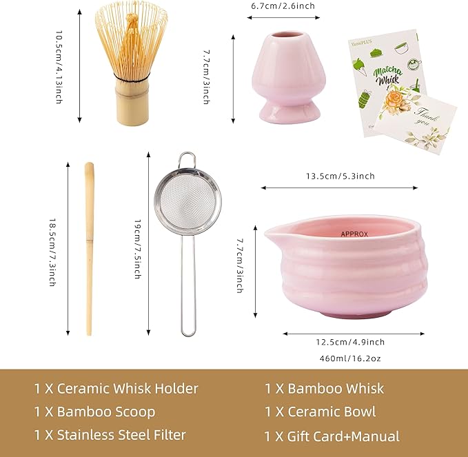 5pcs Premium Matcha Set,Ceramic Bowl with Spout and Bamboo Whisk set, Ceremonical Matcha Kit for breakfast/latte,Tea Starter Making Kit,Unique Matcha Gift set (pink)
