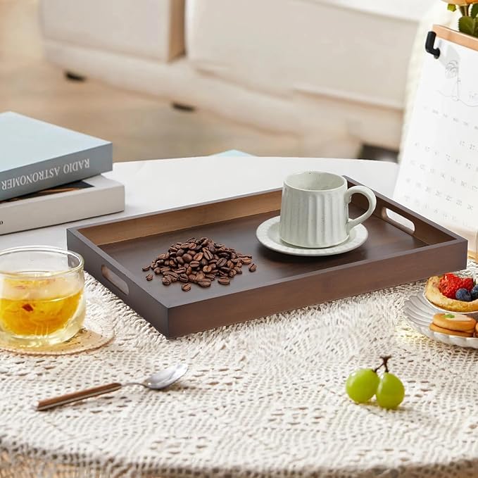 14.9''x10.2''x1.57'' Bamboo Wooden Tray with Handles, Rectangular Natural Solid Wood, Walnut Dark Brown Color Serving Tray.Suitable for Kitchen,Bedroom,Breakfast,Coffee,Decorative,Party Bars.