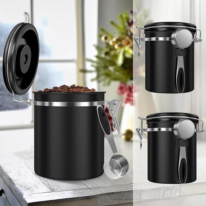 2PCS Coffee Storage Canister 1.5L 51OZ Double Airtight Coffee Beans Container with Date Locator 304 Stainless Steel Kitchen Food Storage Container with Spoon For Coffee Tea and Sugar