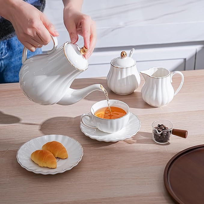 Ceramic Sugar and Creamer Set, 3 Piece Set with Cream Pitcher, Sugar Bowl, Spoon (White)