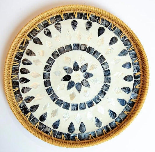 Magenta & Teal Round Rattan Serving Tray with Mother of Pearl Inlay, Wicker Coffee Table Decor, Farmhouse Style (Blue Tan Star)