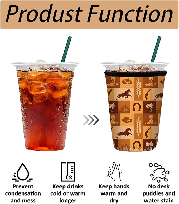 Neoprene Iced Coffee Sleeve 3 Pack, Reusable Insulated Coffee Cup Sleeves with Western Cowboy Pattern, Fits 16–32 oz Tumblers, Compatible with Starbucks & Dunkin