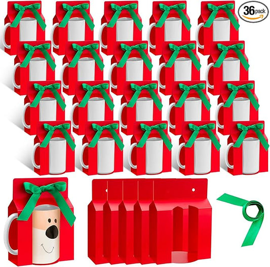 Kosiz 36 Pcs Mug Boxes Sublimation Coffee Mugs Gift Bags with Window Packaging Storage Box for Shipping Selling Wedding Valentines Gift Packaging Wrapping (for 15oz Mug,Red,Green)