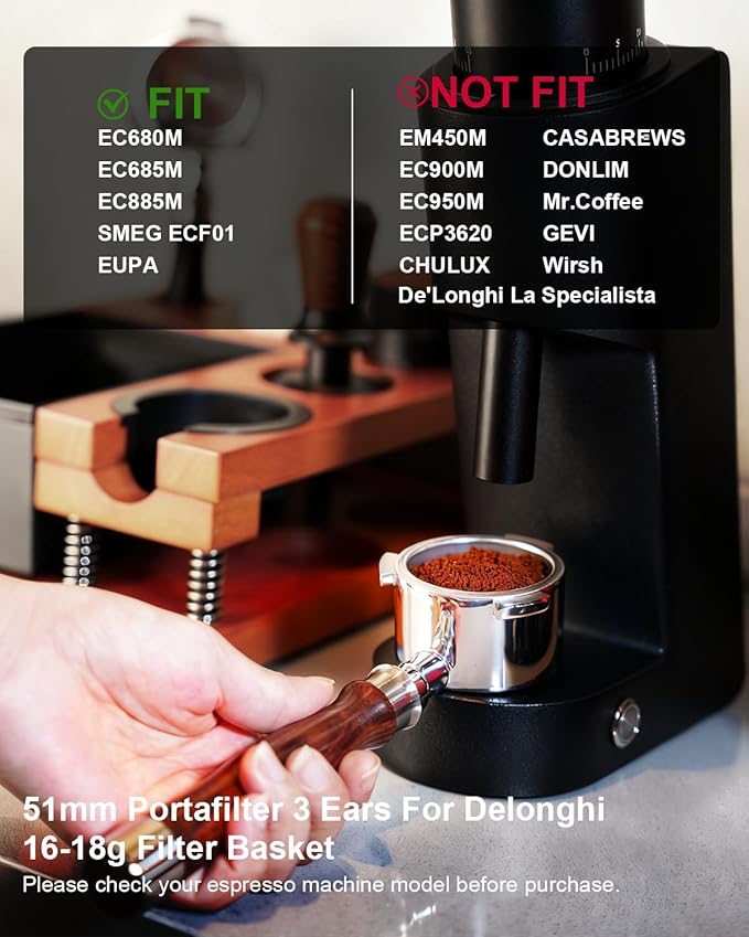 51mm Bottomless Portafilter 3 Ears Compatible with Delonghi Dedica EC680/EC685/EC885 and SMEG, EUPA Espresso Machines, Espresso Naked Bottomless Portafilter with Puck Screen and 18g Filter Basket-Wood