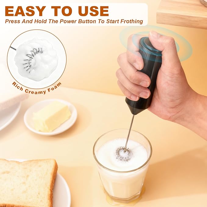 Handheld Milk Frother, Battery Operated Electric Foam Maker, Milk Frother Wand Drink Mixer with Stainless Steel Whisk for Coffee, Matcha, Lattes, Cappuccino (Black with cover)