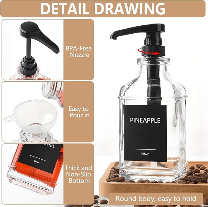 3 Pack 16.9oz (500ml) Glass Coffee Syrup Dispenser with Pump, Syrup Pump Dispenser for Coffee Bar, Coffee Syrup Bottles with Labels