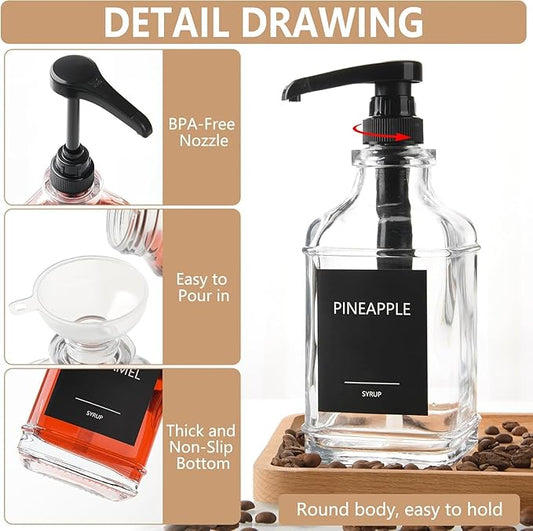 3 Pack 16.9oz (500ml) Glass Coffee Syrup Dispenser with Pump, Syrup Pump Dispenser for Coffee Bar, Coffee Syrup Bottles with Labels