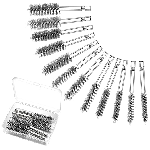 Patelai 12 Pcs Stainless Steel Wire Bore Brush Different Size Twisted Cleaning Brush with Handle 1/4 Inch Hex Shank for Power Drill Impact Driver (8/ 9/ 10/ 11/ 13/ 16/ 18/ 19/ 22/ 25/ 28/ 30 mm)