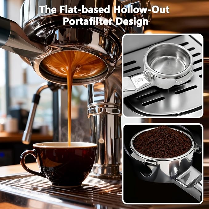 Espresso Accessories, 58mm Flat-Based Bottomless Portafilter with Dual-Layer 718 Micro-Sift Filter Basket, Anodized Aluminum Handle, Fits E61 Group Head Espresso Machines