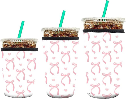 3 Pack Reusable Neoprene Insulator Sleeve for Iced Coffee Cups, Funny Coffee Cup Sleeves for 16-32oz Coffee cups, Cute Drink Sleeve for Cold Hot Beverages Cute Pink Bows