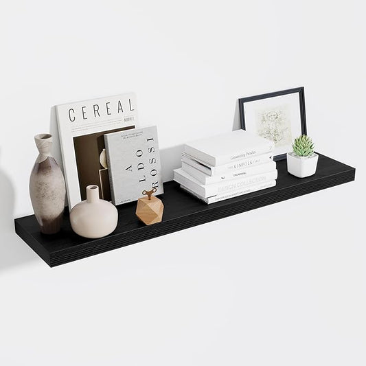 Fun Memories 10 Inch Deep Shelves, Floating Shelves for Wall 48 Inches Long, Wood Floating Shelves for Wall, Large Storage Shelves Wall Mount for Living Room Bedroom, Black, Set of 1
