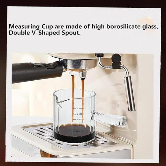 Glass Espresso Cup 6 OZ, Double Shots Measuring Cup with Glass Handle for Dishwasher Safe, Double V-Shaped Spout Milk Frothing Pitcher, Espresso Accessories for Machine, Demitasse Cups (Clear)